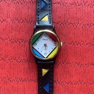 Choice Quartz Rainbow Dial Watch with Black Leather Strap primary colors